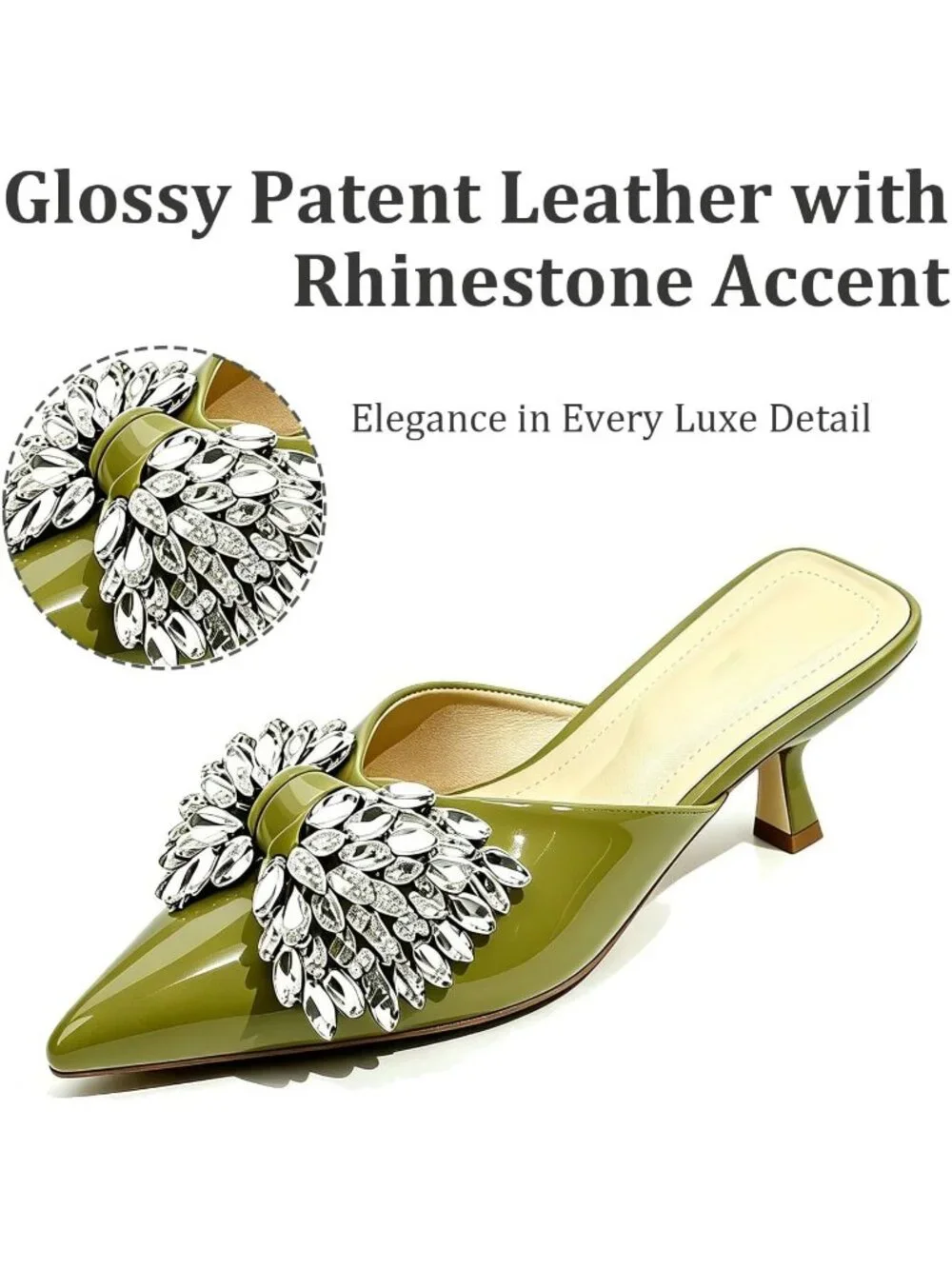 Women's Green Rhinestone Bow Kitten Heel Pointed Toe Low Heel Slide Sandals